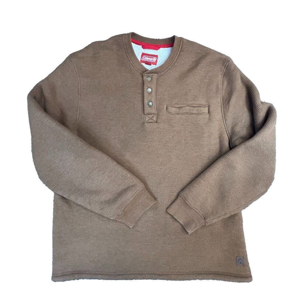 Coleman Sherpa Lined Henley Pullover L Brown Cotton Blend Fleece Outdoor  Casual